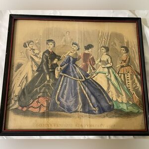 Antique Godey’s hand colored fashion prints from February and November of 1867.